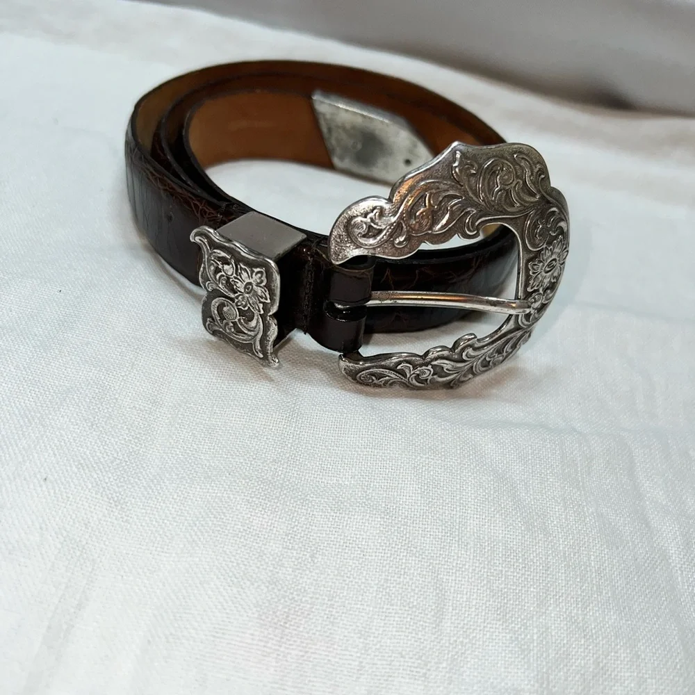 Saks Fifth Avenue -Brown Leather Belt with Silver engraved Buckle‎ medium